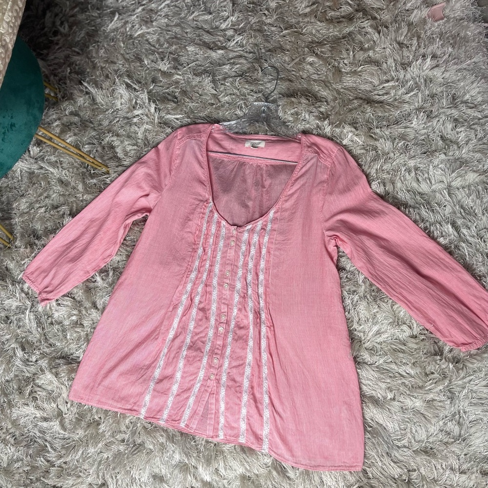 Aerie Pink and Cream Cotton Pinstripe Blouse with Lace and Pin Tuck Detail